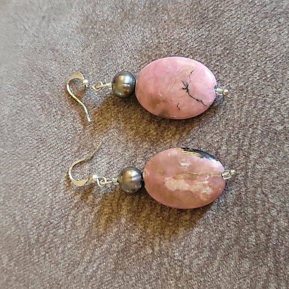 3/$30 HANDMADE Pearl Rhodochrosite Oval Dangle Hook Earrings - Picture 2 of 5